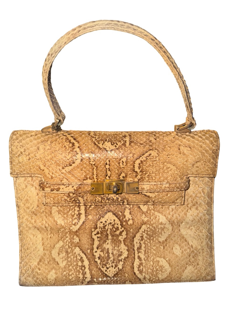 Kelly Style Beige Snakeskin Top Handle Bag